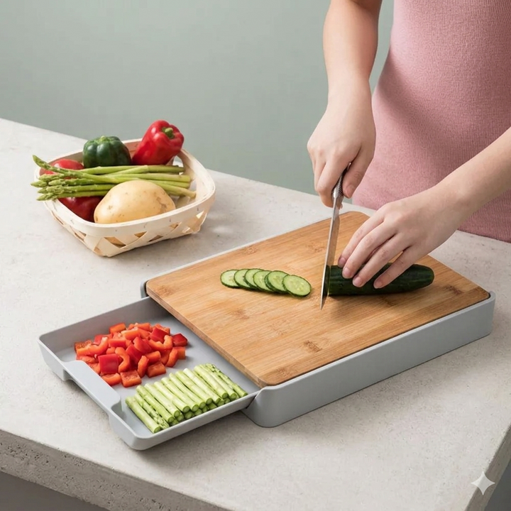 קרש חיתוך במבוק עם מגירת איסוף